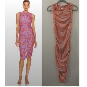 Miaou Dress The Suz Midi Ruched Bodycon in Hawaiian Print Orange Purple